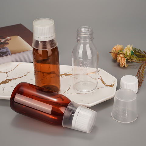 Amber/Clear PET Canister with Measuring Cup for Liquid Medicine