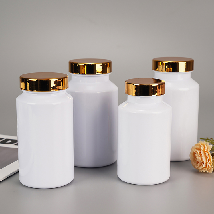 White Plastic Pill Tablet Bottles Containers with Gold Screw Cap